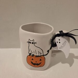 Rae Dunn Feline Spooky Double Side Mug with Halloween Cat and Pumpkin Detail